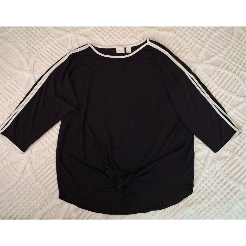 Chico's 3 Womens XL Knit Top Black White Side Stripe Front Tie Knot 3/4 Sleeve